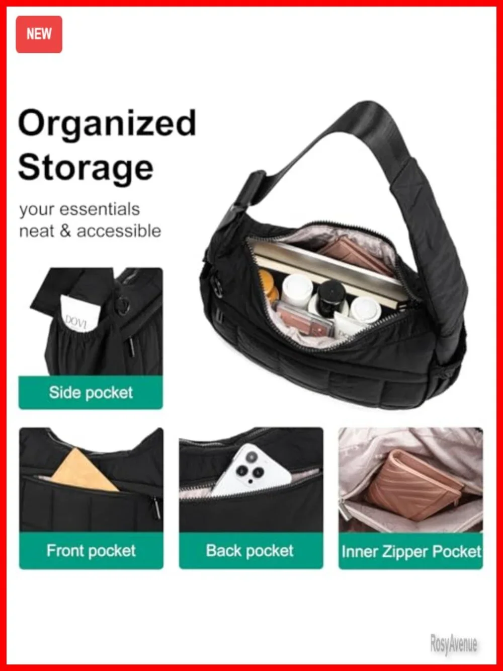 Small Puffer Crescent Hobo Bag with Adjustable Strap Quilted Waterproof Nylon